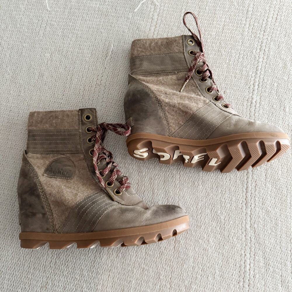 Sorel Brown Grey Wool Detail Lexie Wedge Ankle Bootie Size 8.5 Outdoor Gorp
